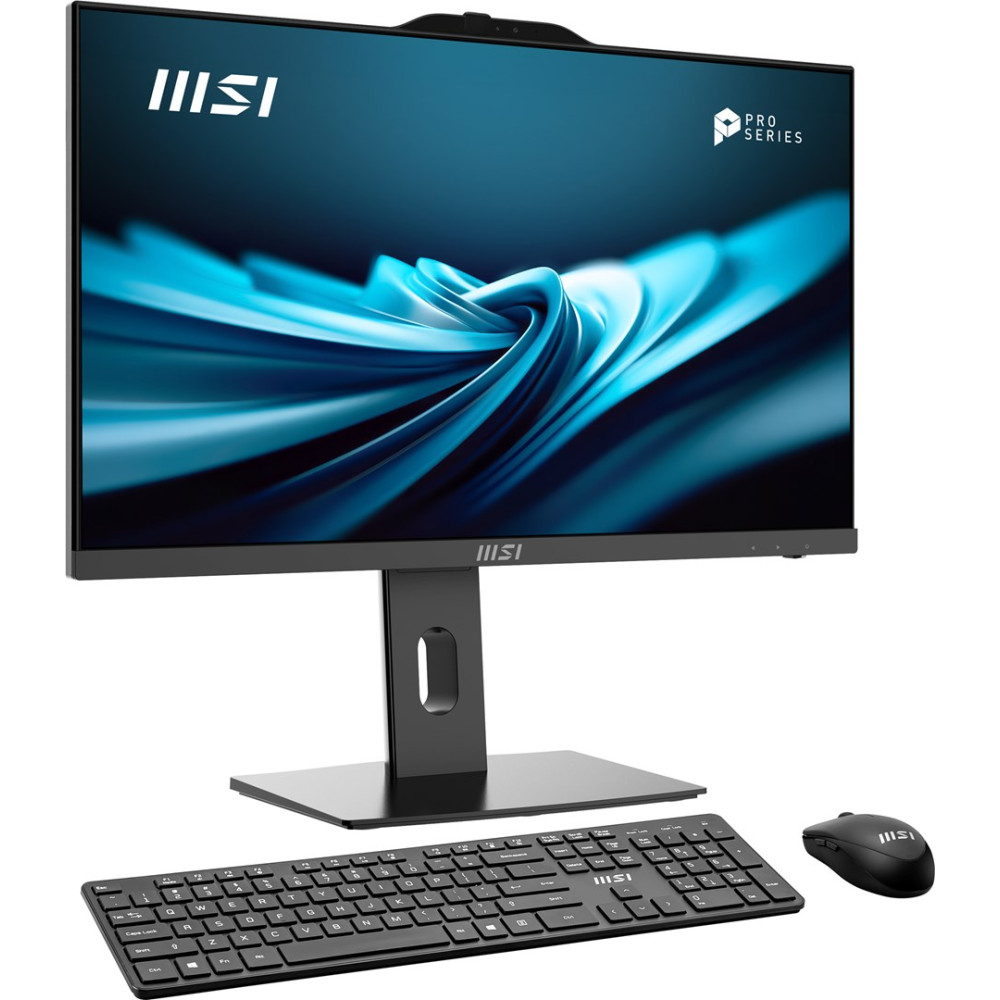 Komputer typu all-in-one MSI Pro Series z niebieską abstrakcyjną tapetą, czarną klawiaturą i myszką.