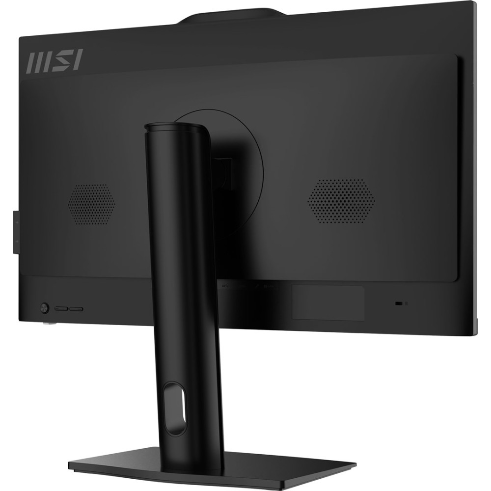 Tył czarnego monitora MSI ze solidną podstawą i wbudowanymi głośnikami.