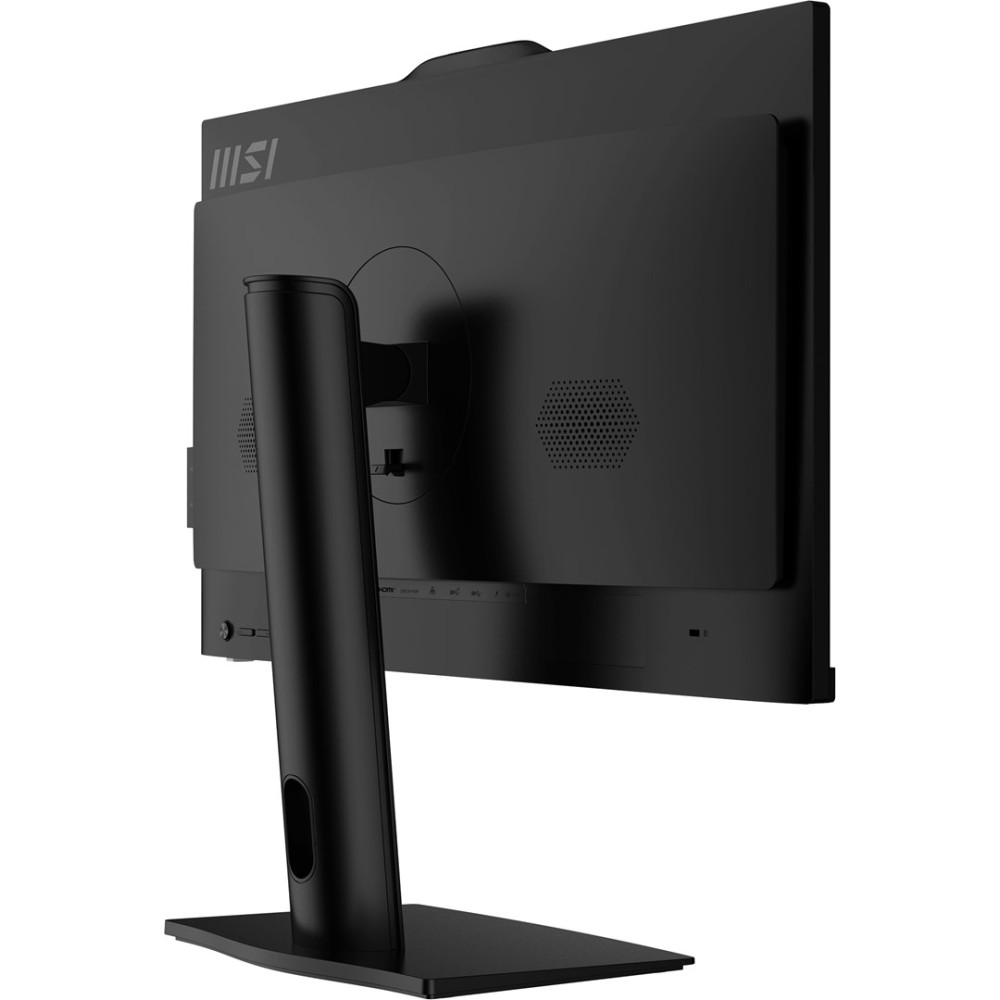 Widok z tyłu czarnego monitora komputera MSI z podstawą na białym tle.
