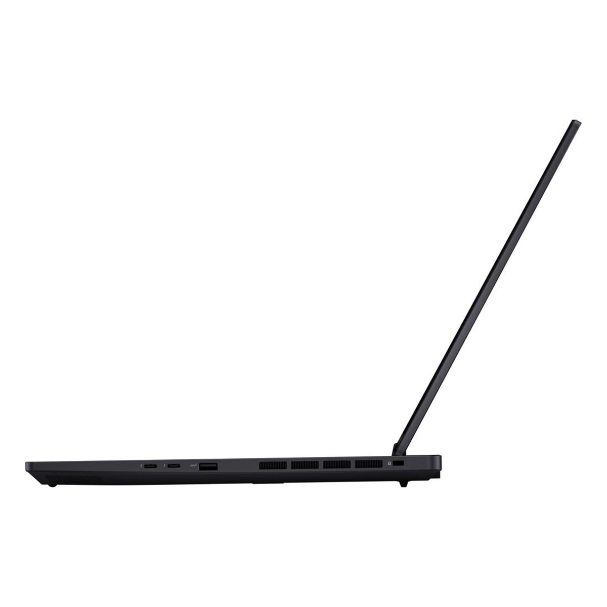 Boczny profil czarnego laptopa pokazujący porty i otwory wentylacyjne.