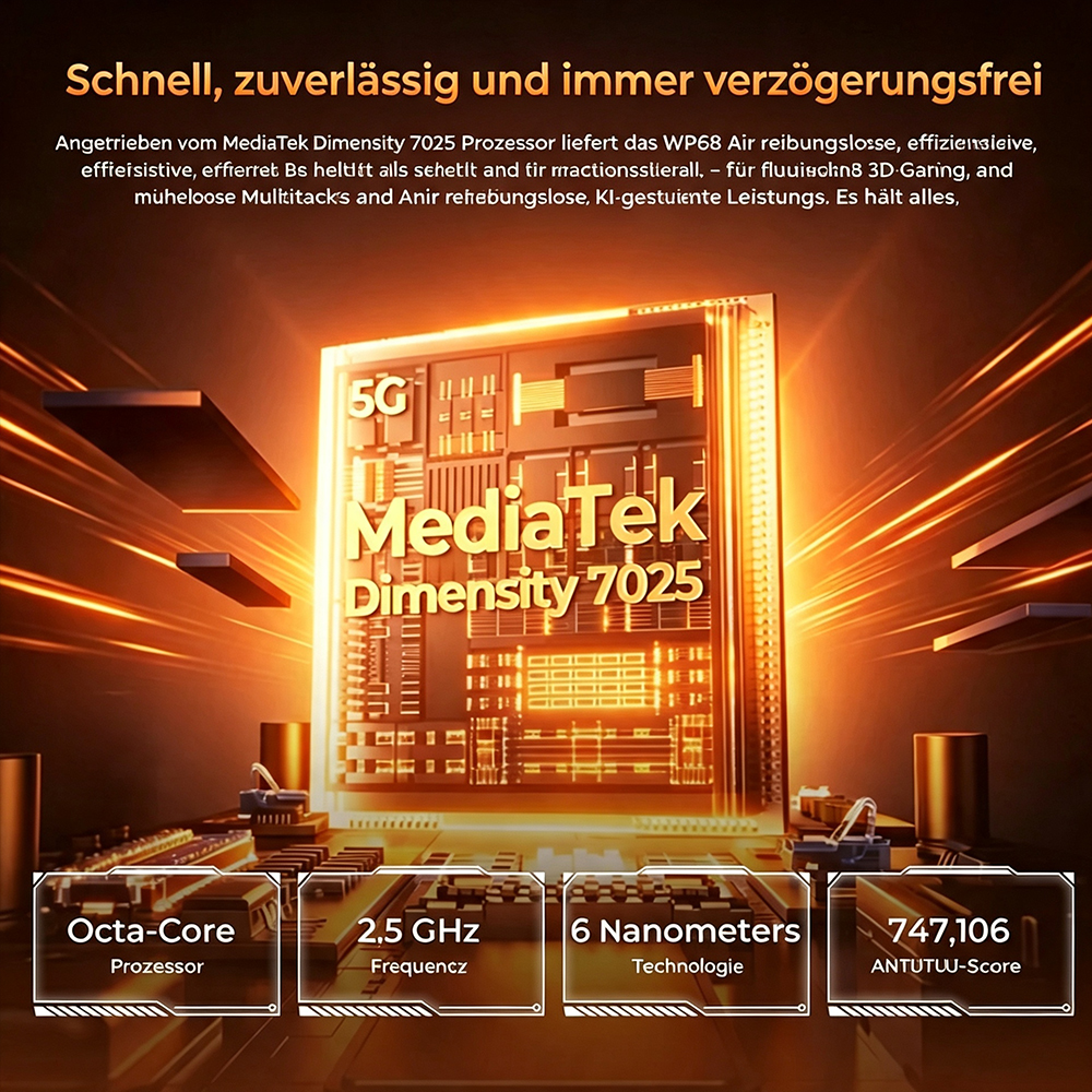 Technologie-Banner zeigt den MediaTek Dimensity 7025 Prozessor mit technischen Daten in orangefarbenem Licht.