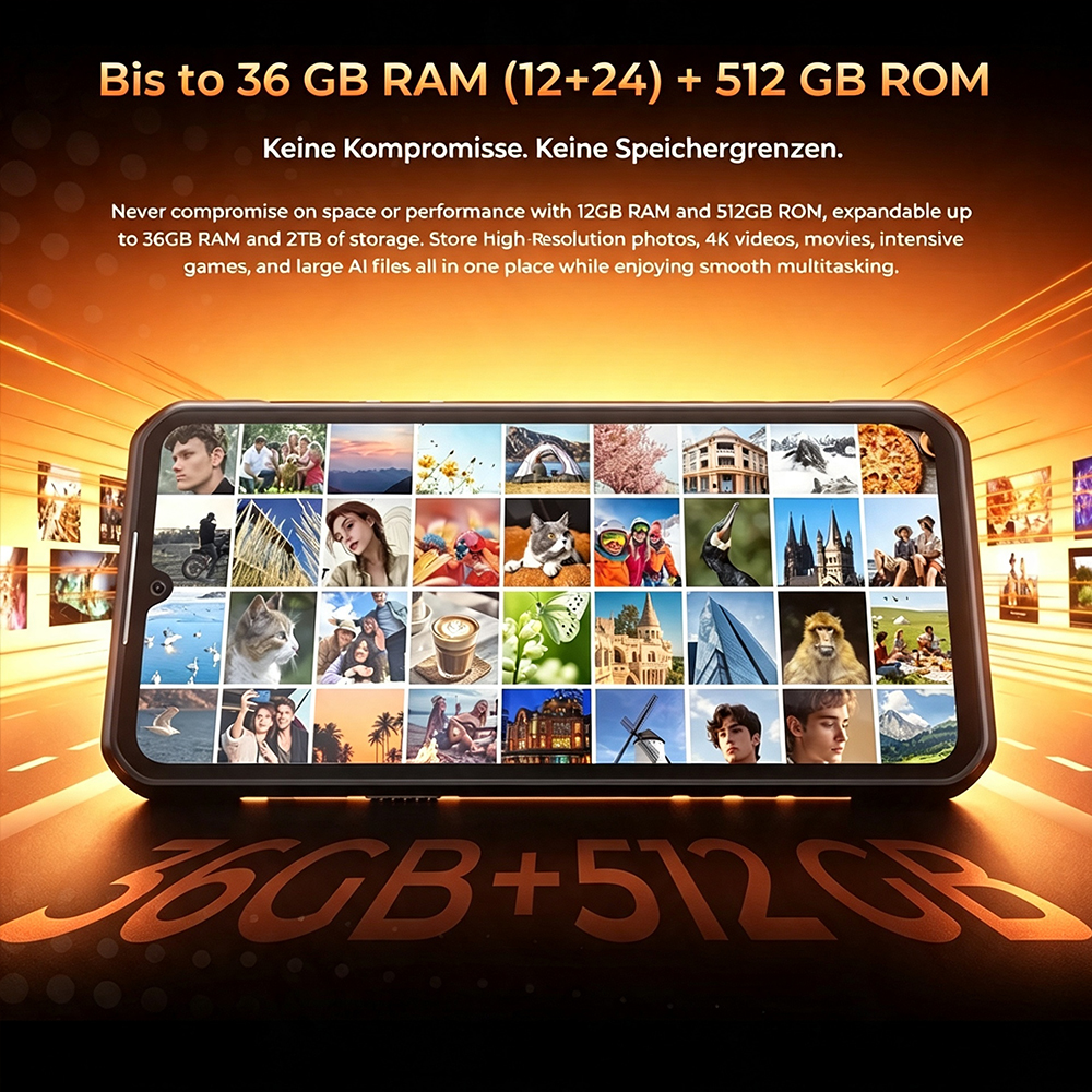 Smartphone mit vielen bunten Fotos auf dem Display, davor steht 36GB+512GB auf orangem Hintergrund.