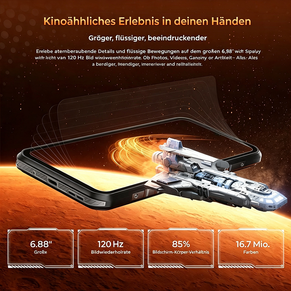 Smartphone über rotem Planeten mit Raumschiff und Text über Displayfunktionen.
