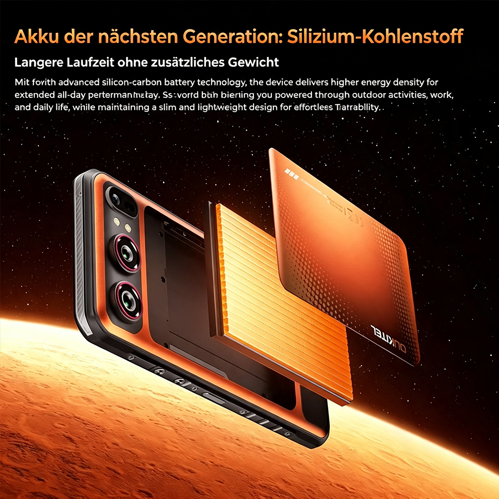 Smartphone mit abgebildeter, ultradünner Silizium-Kohlenstoff-Batterie vor einem Weltraum-Hintergrund.