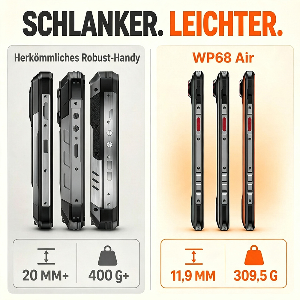 Vergleich zweier Smartphones: Das WP68 Air ist mit 11,9 mm und 309,5 g schlanker und leichter als das herkömmliche Modell.