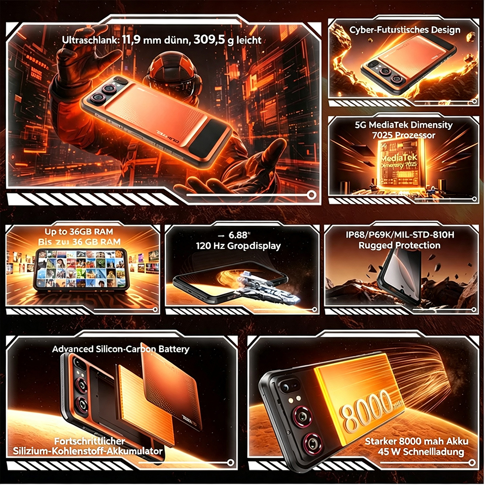 Produkt-Poster eines robusten Orangenen Smartphones mit technischen Details vor futuristischer Kulisse.