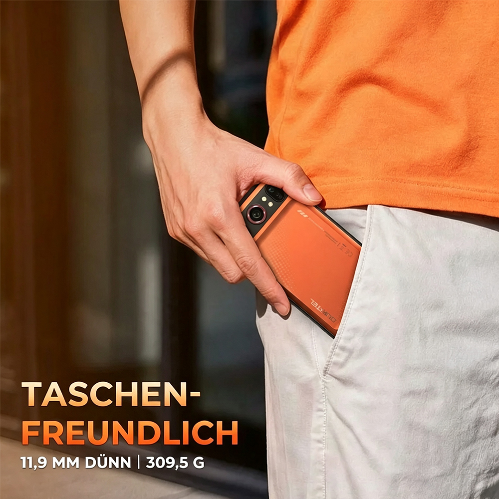 Eine Person in einem orangen Shirt steckt ein oranges Smartphone in die Hosentasche.