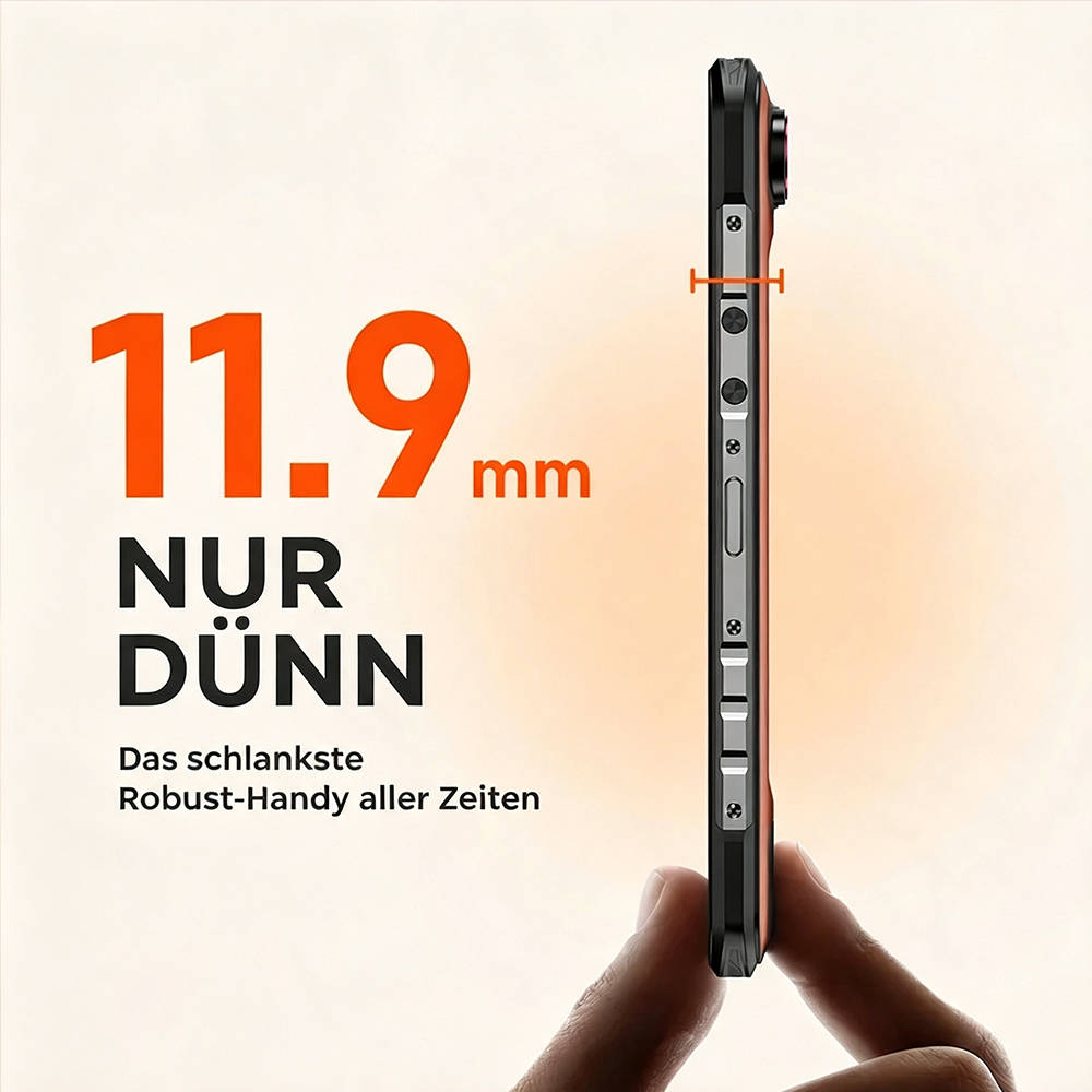 Hand hält schmales Smartphone mit 11,9 mm Dicke, Text in deutscher Sprache.