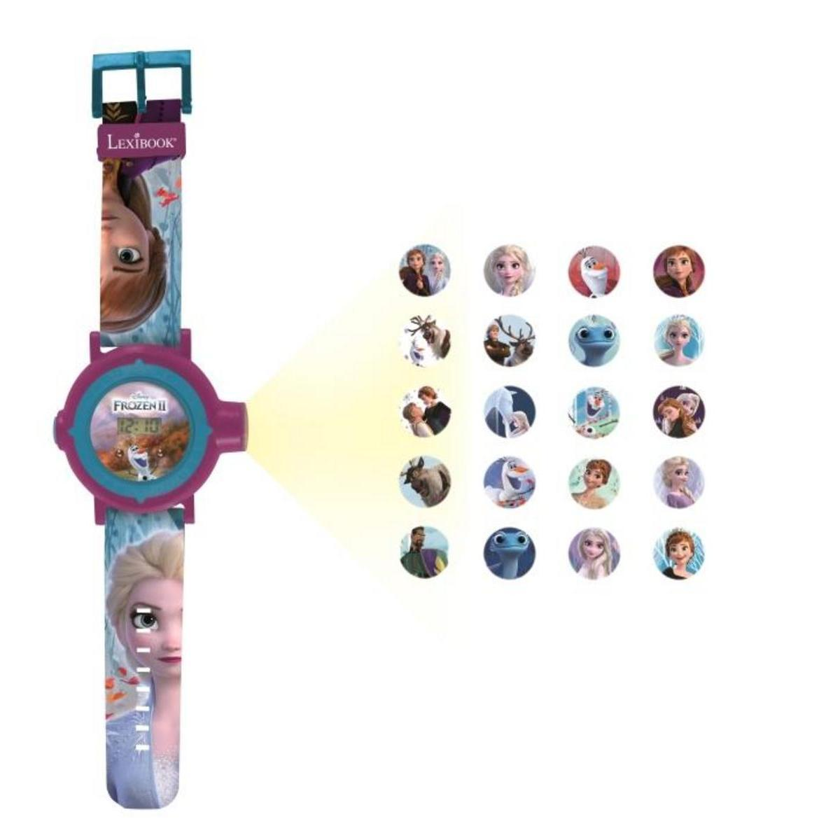 Un reloj proyector de Frozen II proyecta varias imágenes de personajes en una pared clara.