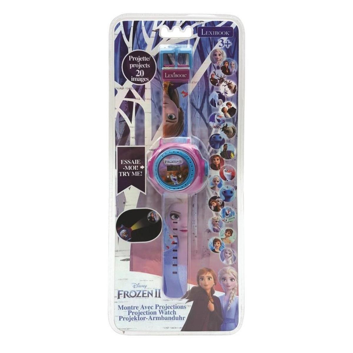 Reloj de pulsera con proyección de Frozen II en su envase original con imágenes de Elsa y Anna.