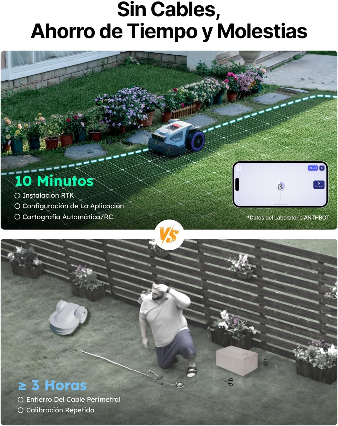 Comparación de un cortacésped robótico inalámbrico controlado por app frente a una instalación tradicional con cable perimetral.