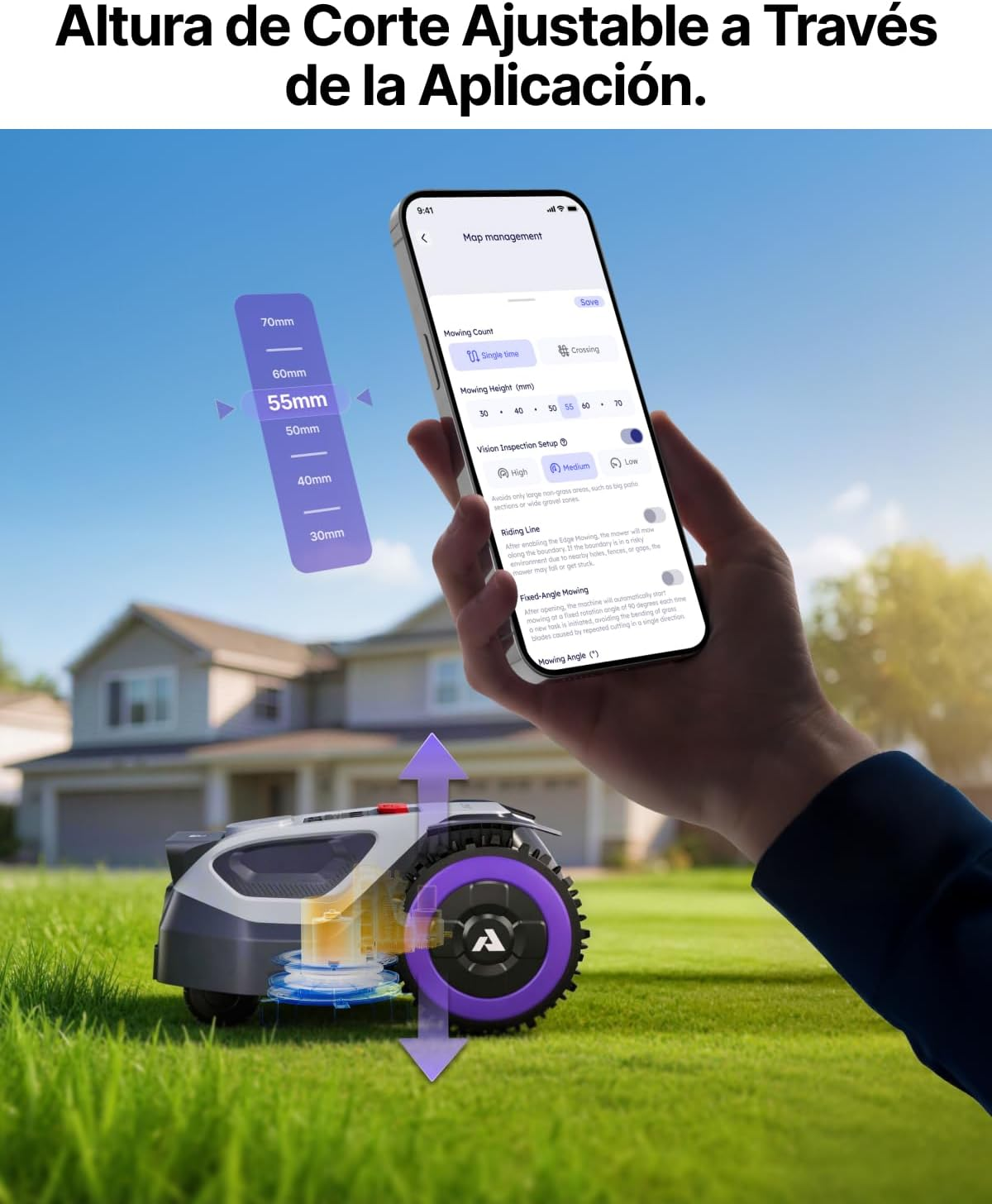 Smartphone muestra interfaz de app para ajustar la altura de corte de un robot cortacésped frente a una casa.
