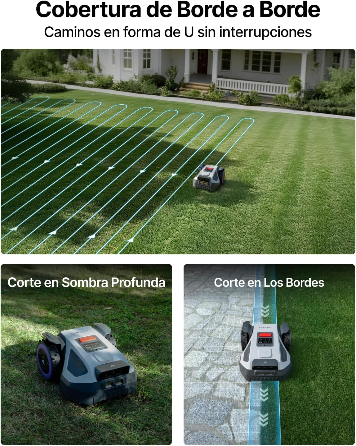 Un cortacésped robot corta un césped verde, mostrando corte de bordes y caminos en forma de U.