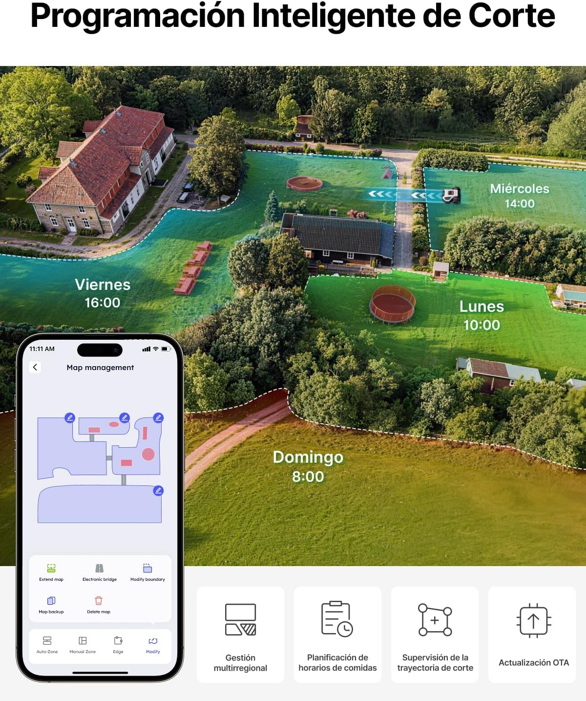 Vista aérea de una casa de campo con zonas de corte de césped gestionadas por una app.