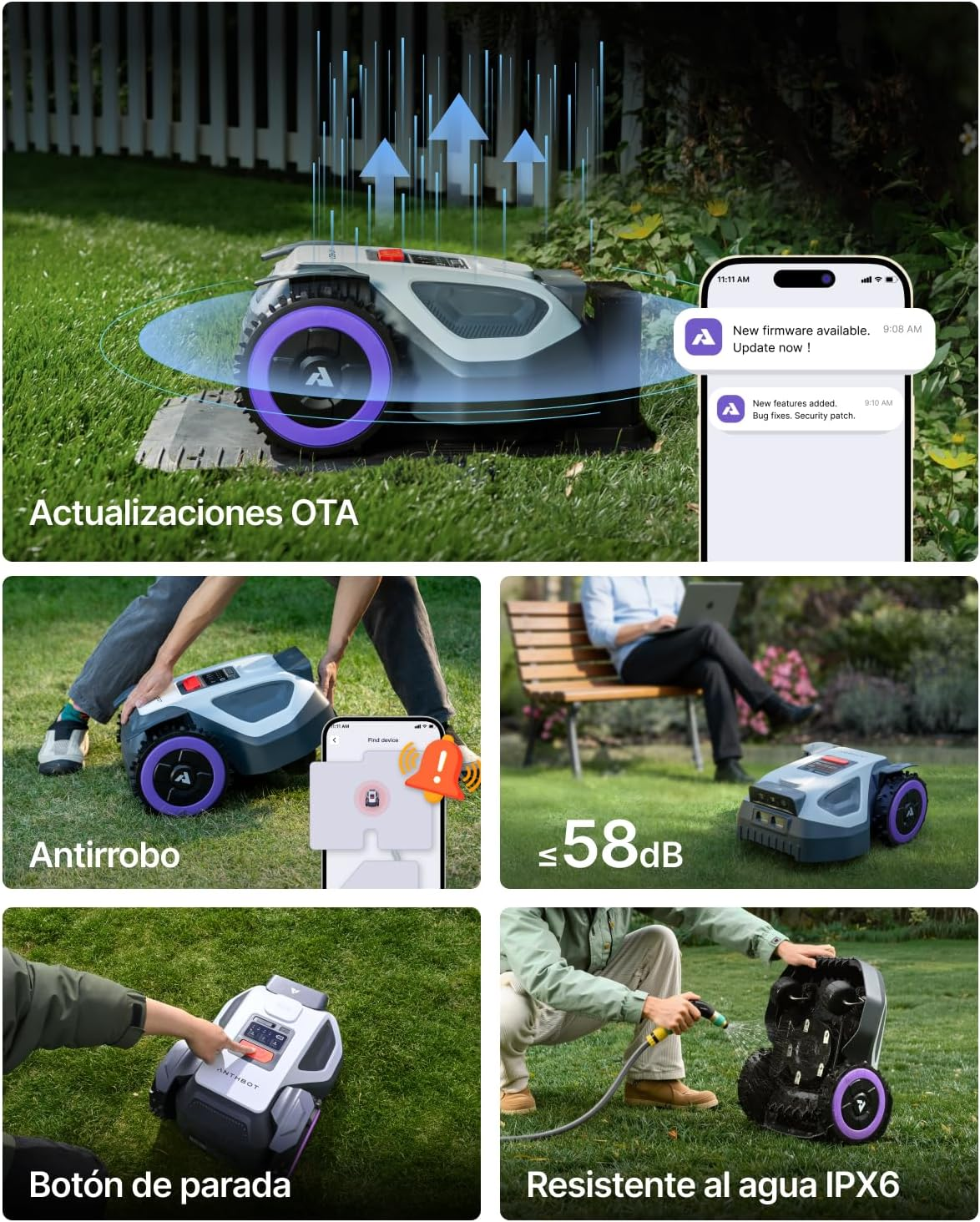 Robot cortacésped en césped, con actualizaciones de app, antirrobo, bajo ruido, botón de parada y resistencia IPX6.