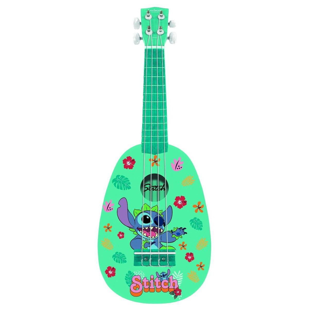 Un ukelele verde menta decorado con Stitch, hojas tropicales y flores de colores.