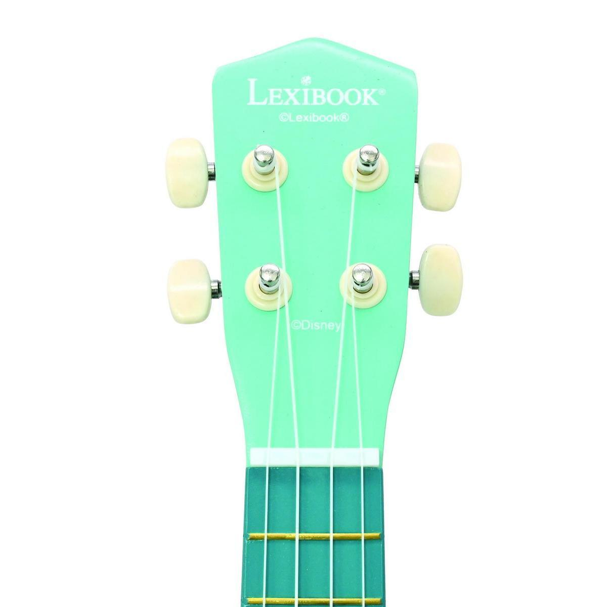 Primer plano del clavijero verde menta de un ukelele Lexibook con clavijas blancas sobre fondo blanco.