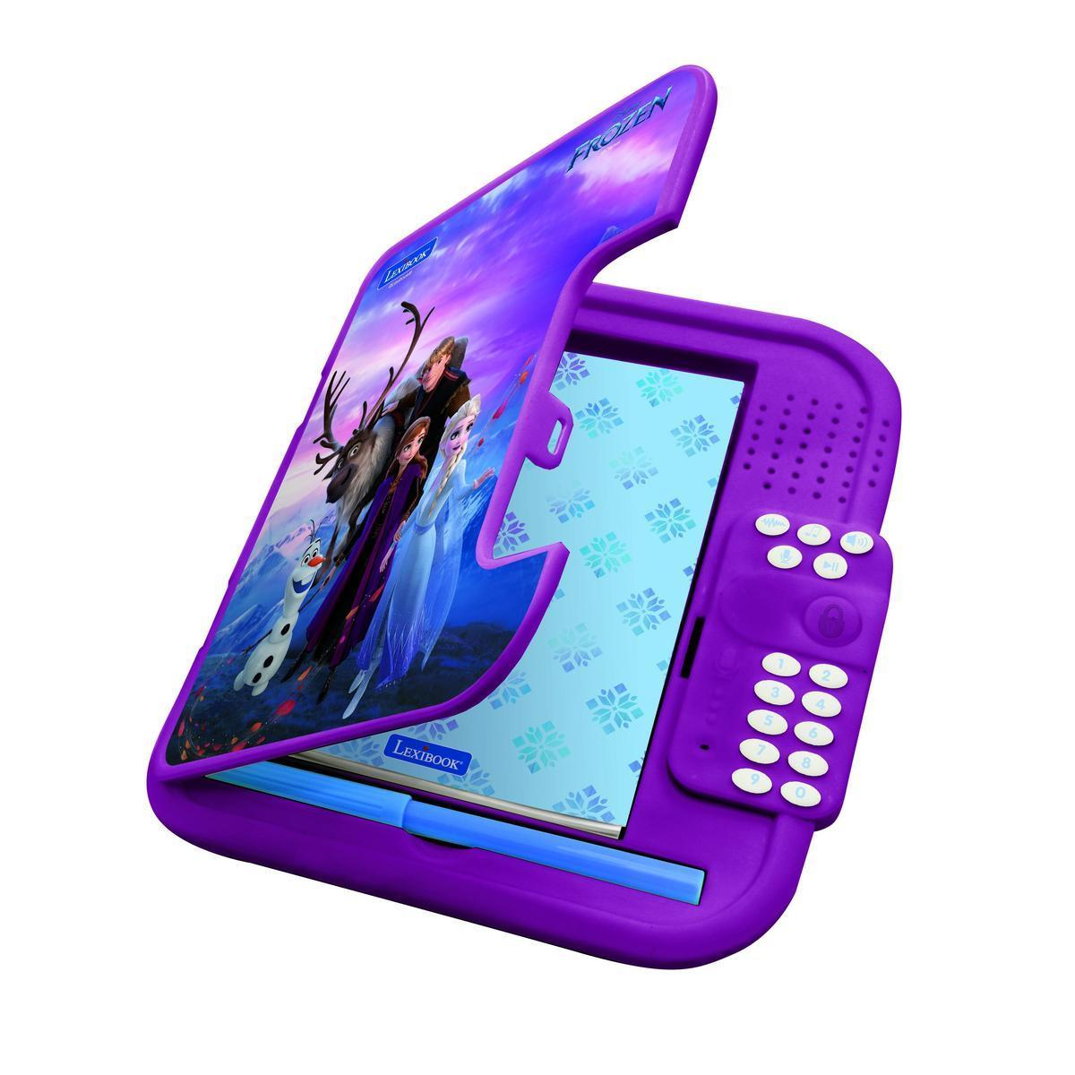 Un ordenador educativo morado de Frozen con pantalla abierta, teclado y un lápiz azul adjunto.