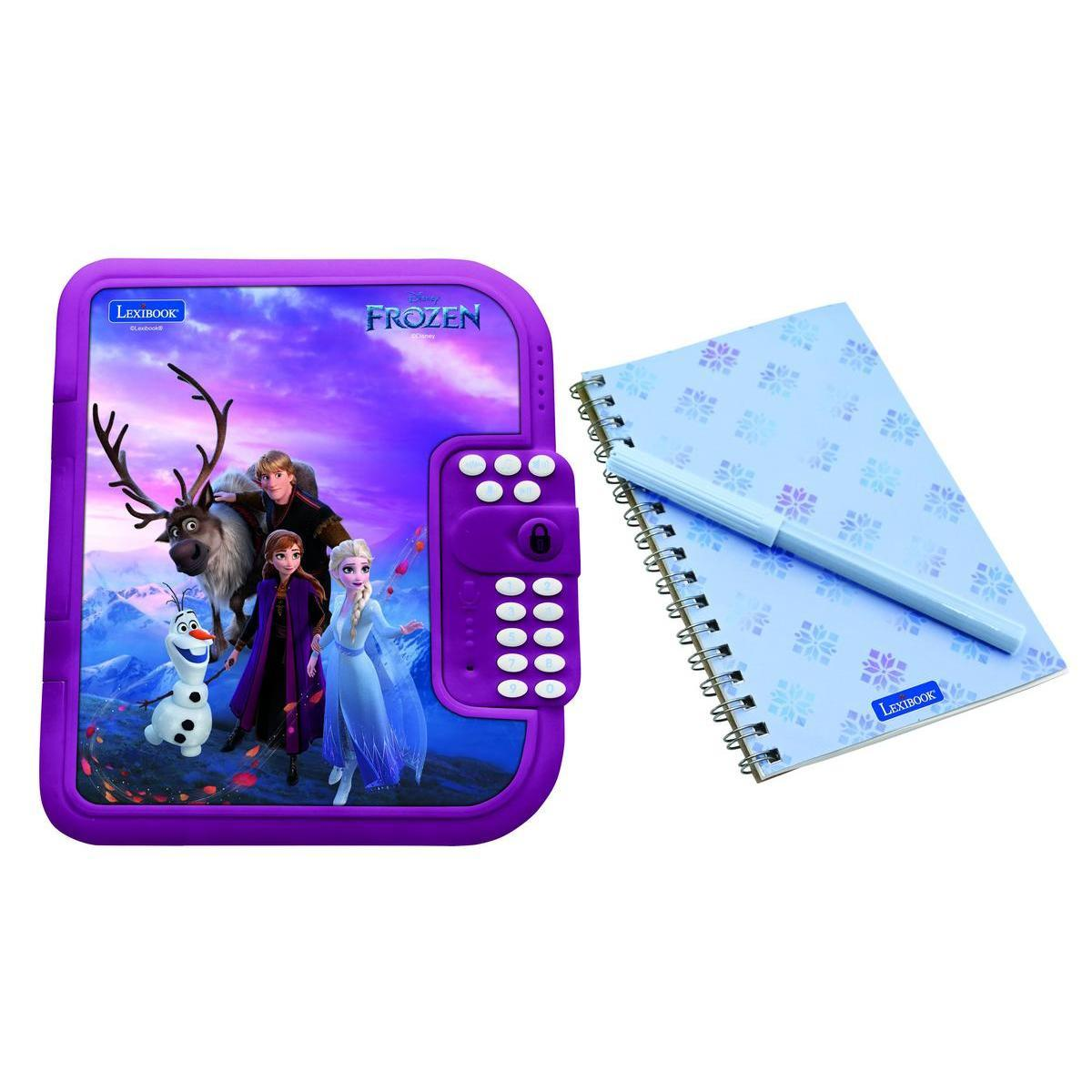 Un diario morado de Frozen con cerradura de combinación y un cuaderno azul a juego con bolígrafo.