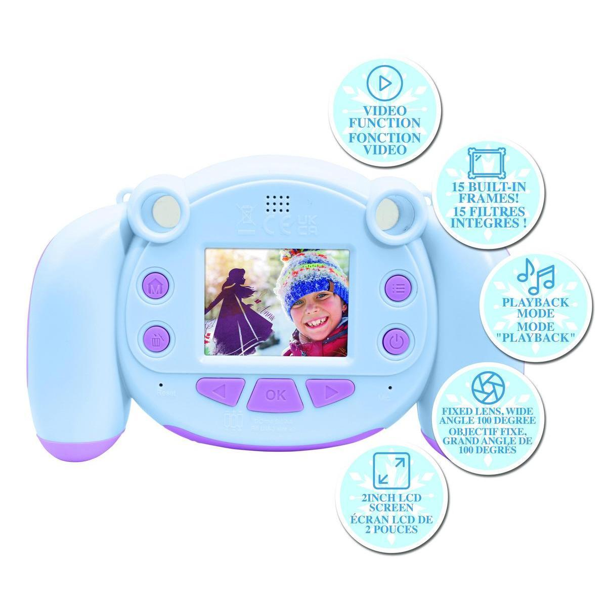 Cámara infantil azul con pantalla y textos de funciones.
