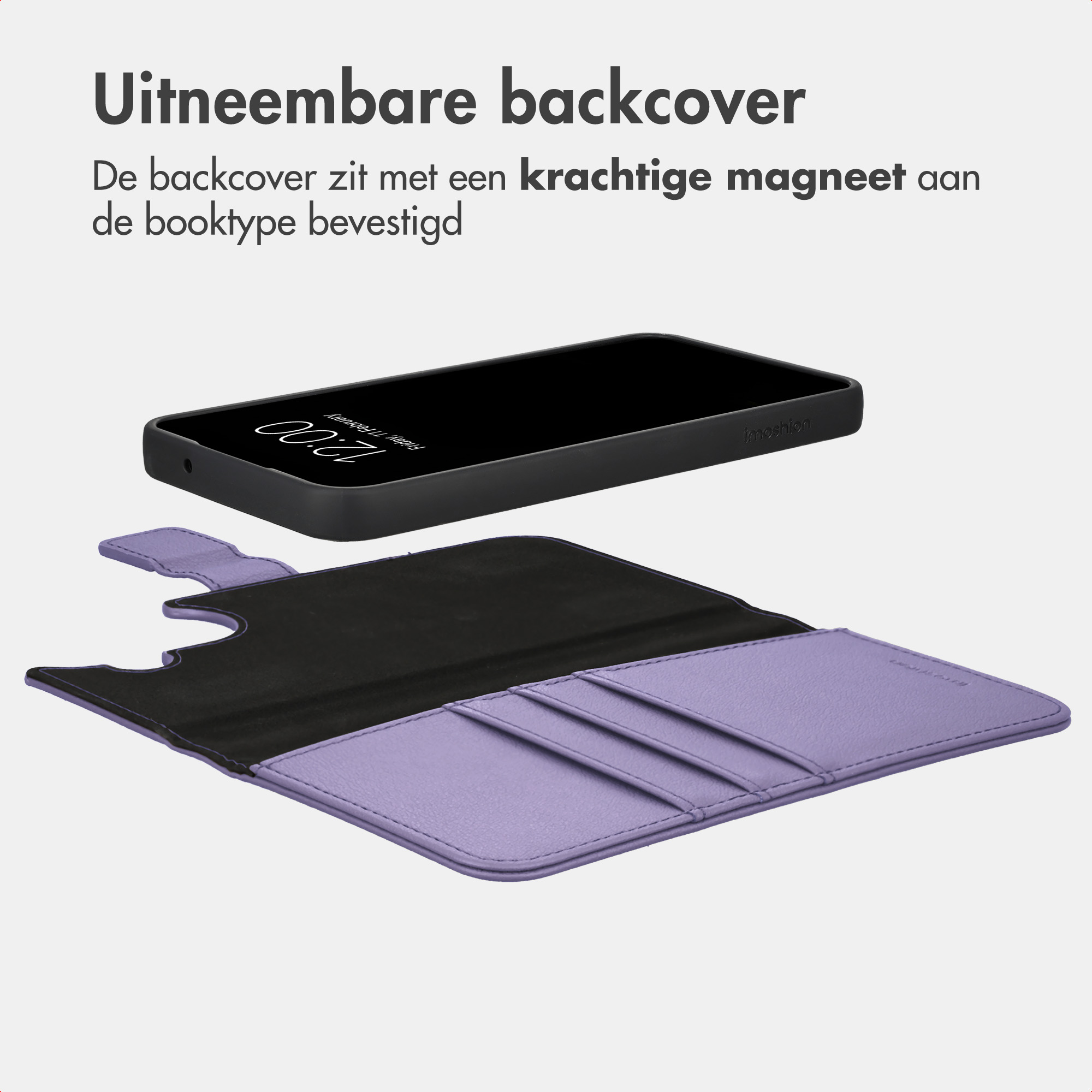 Ein lila Buchtyp-Handycase mit einem abnehmbaren schwarzen Backcover, das magnetisch befestigt ist.