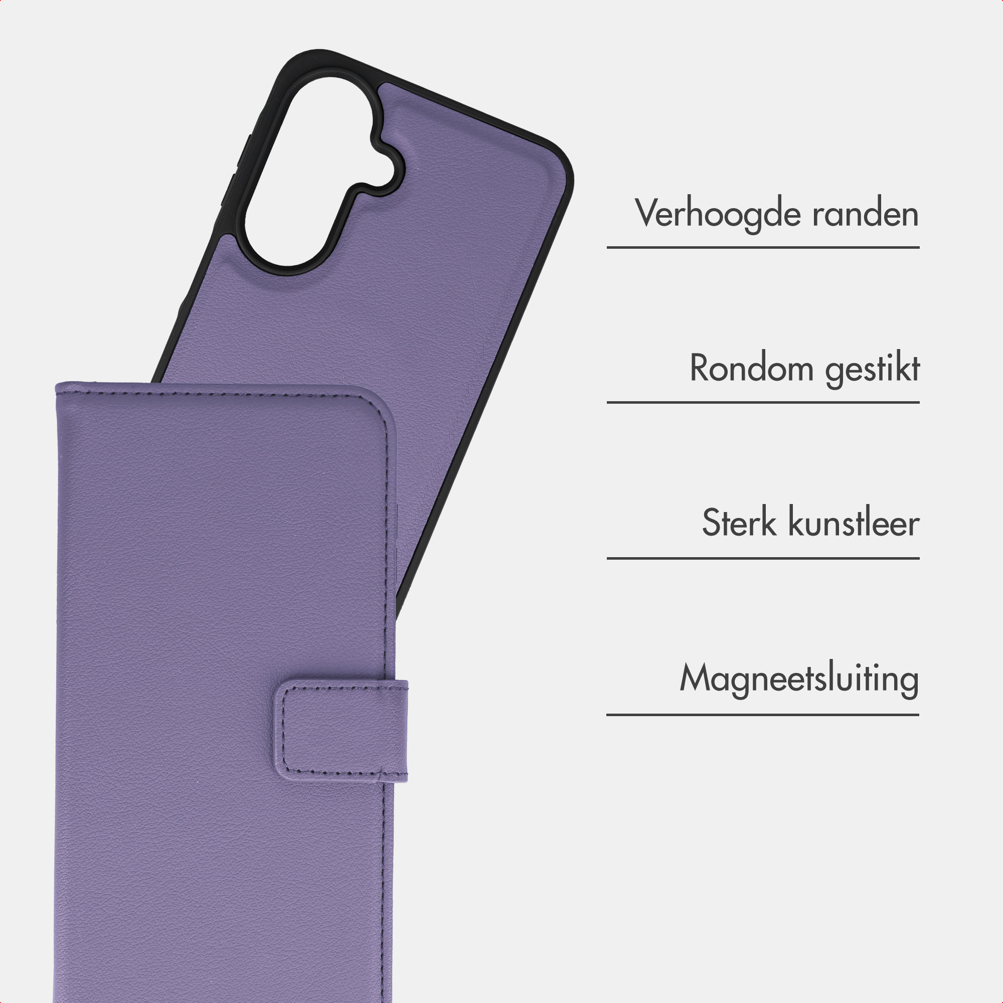 Lilafarbene Kunstleder-Handyhülle mit Merkmalen wie erhöhten Rändern und Magnetverschluss.