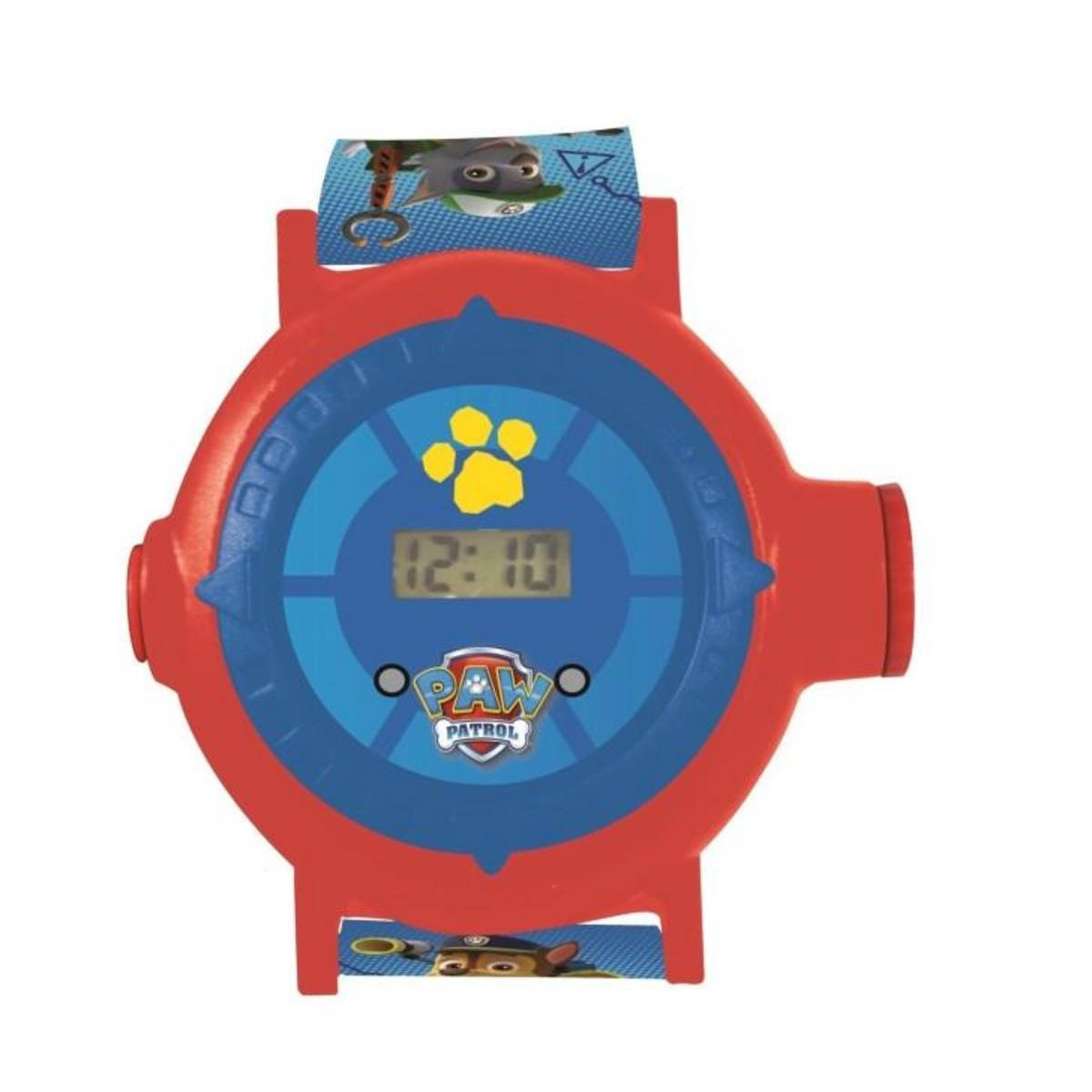Eine rote Paw Patrol Digitaluhr mit blauem Zifferblatt und gelber Pfote.