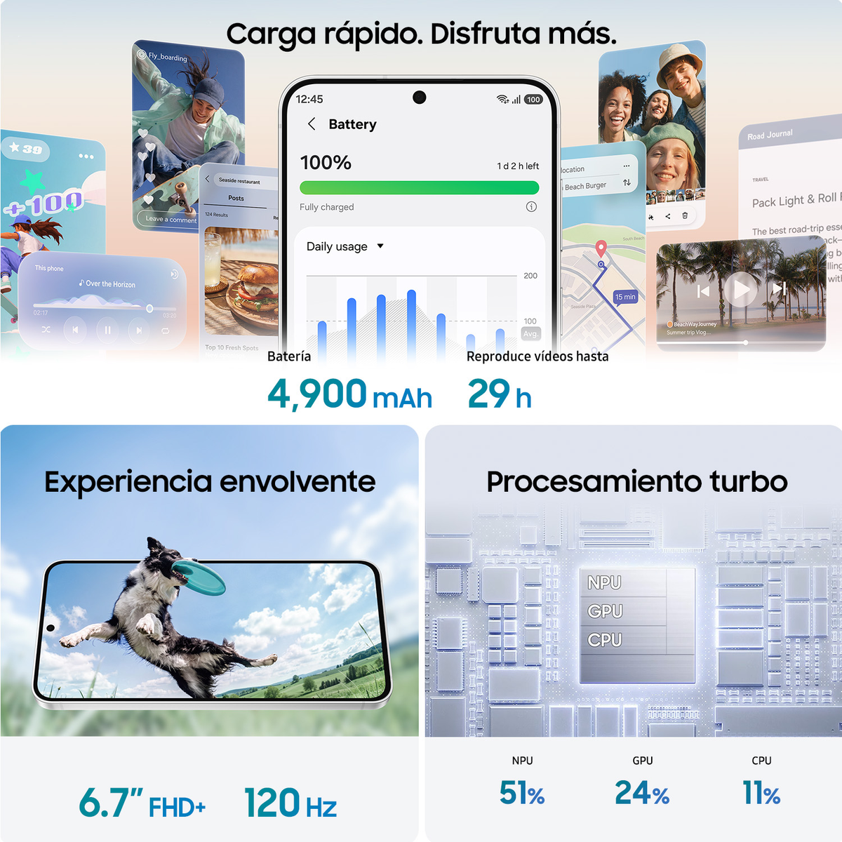 Specifiche dello smartphone con batteria 4900mAh, video 29h, display 6.7 FHD+ 120Hz e miglioramenti del processore.
