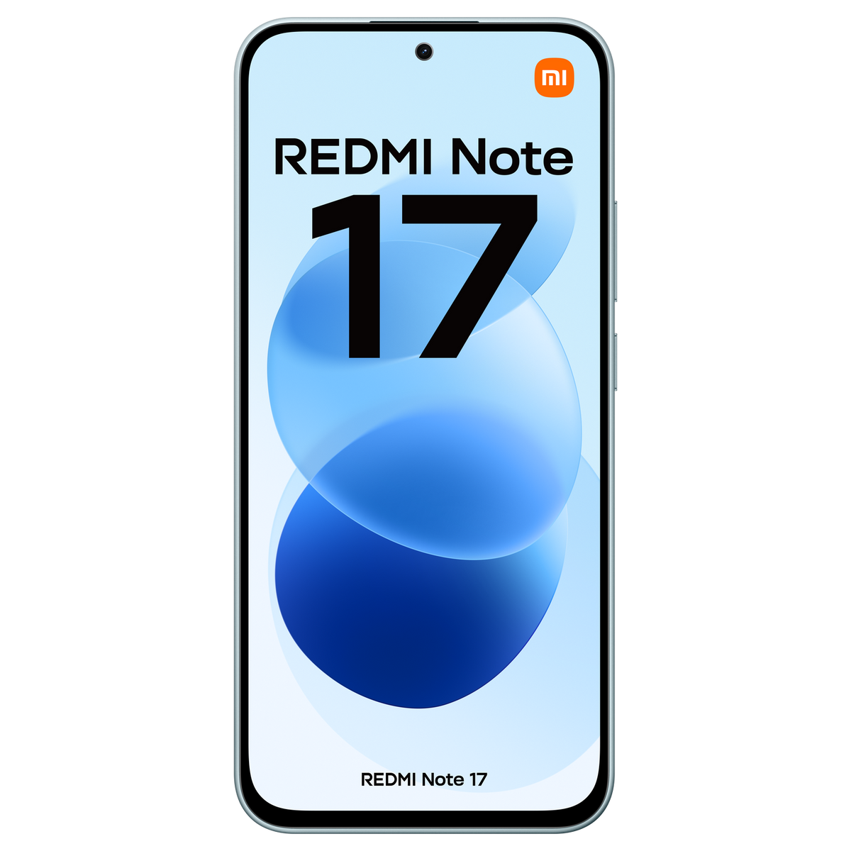 Frontansicht eines Smartphones mit der Aufschrift REDMI Note 17 auf dem blauen Display.