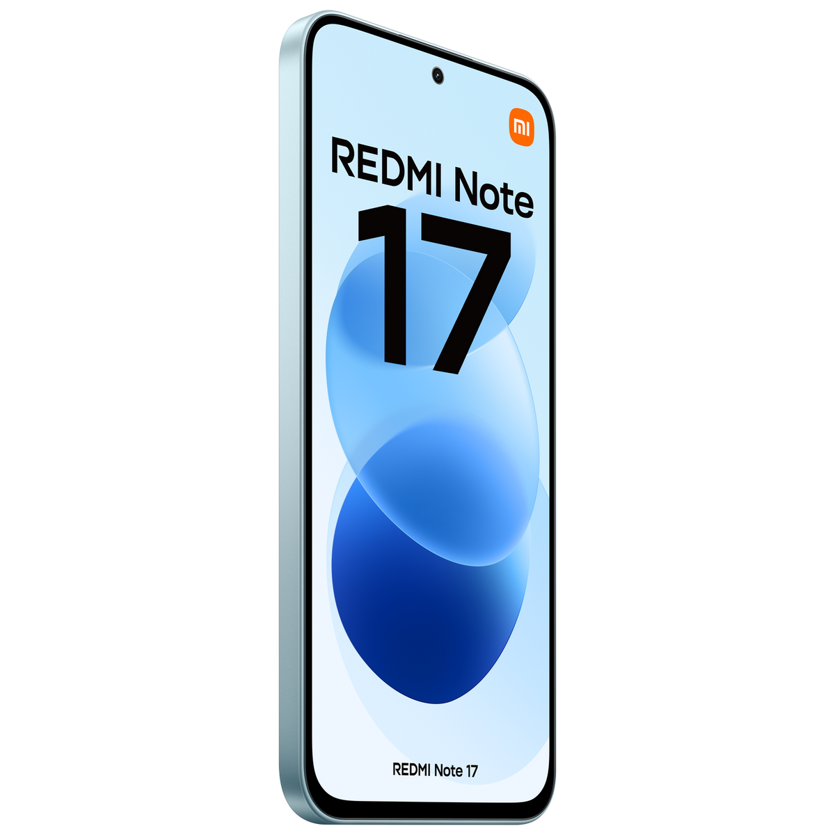 Ein hellblaues Redmi Note 17 Smartphone wird schräg vor einem einfarbigen schwarzen Hintergrund angezeigt.