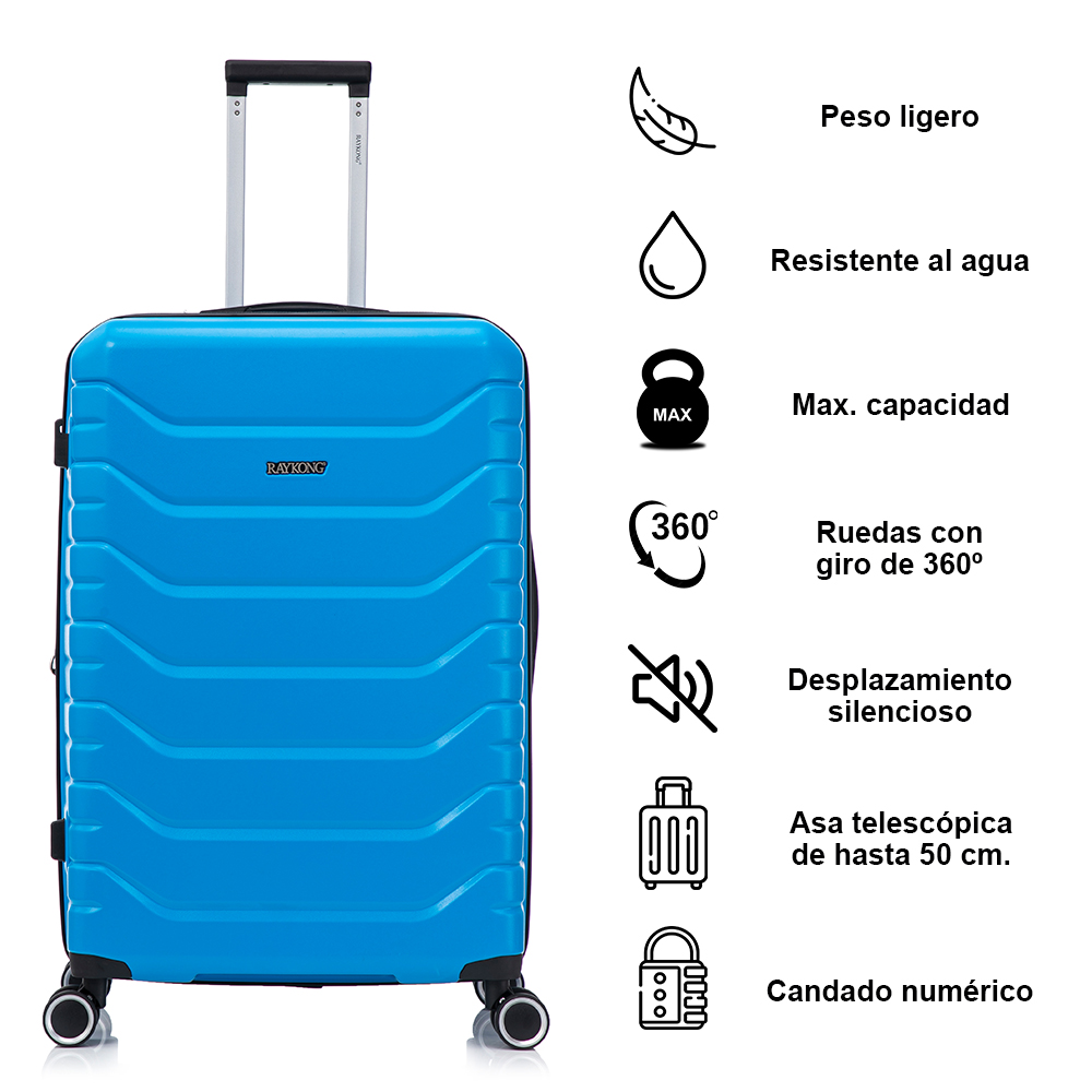 Una maleta azul brillante con asa extensible, junto a iconos de características.