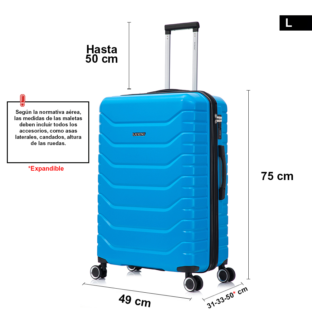 Una maleta azul con ruedas de 75x49x31-50 cm y una nota sobre normativas aéreas.