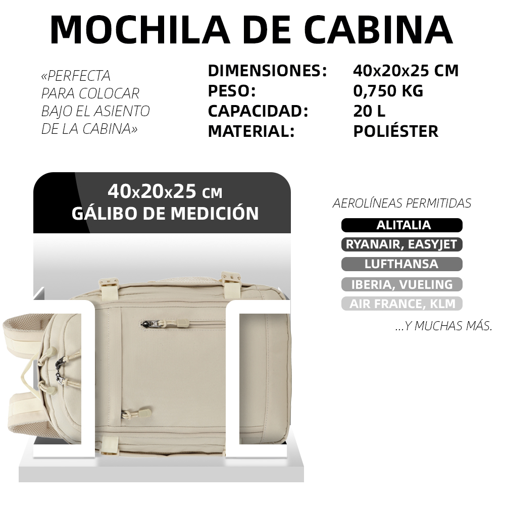 Detalles técnicos y dimensiones de una mochila de cabina clara sobre fondo blanco.
