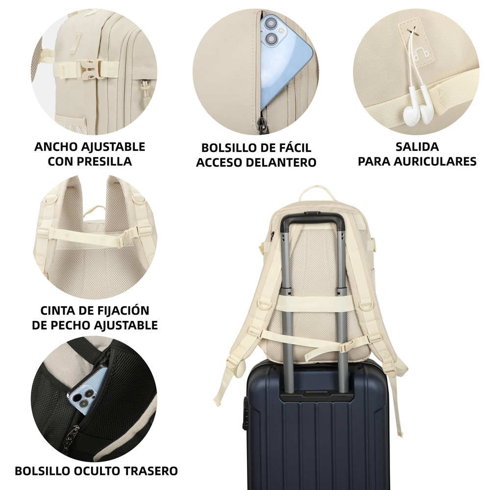 Mochila beige con correas ajustables, bolsillo para móvil, puerto para auriculares, correa de pecho y asa de maleta.