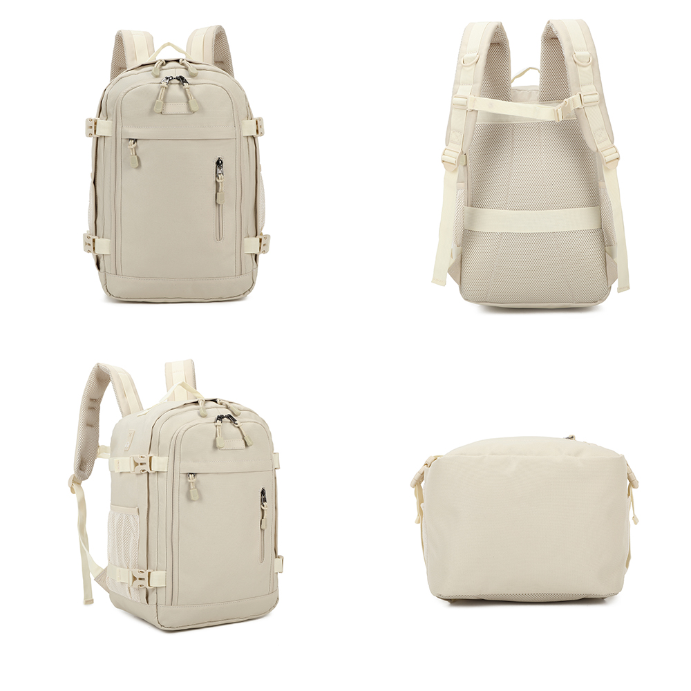 Cuatro vistas de una mochila beige con cremalleras, correas y bolsillos laterales sobre fondo blanco.