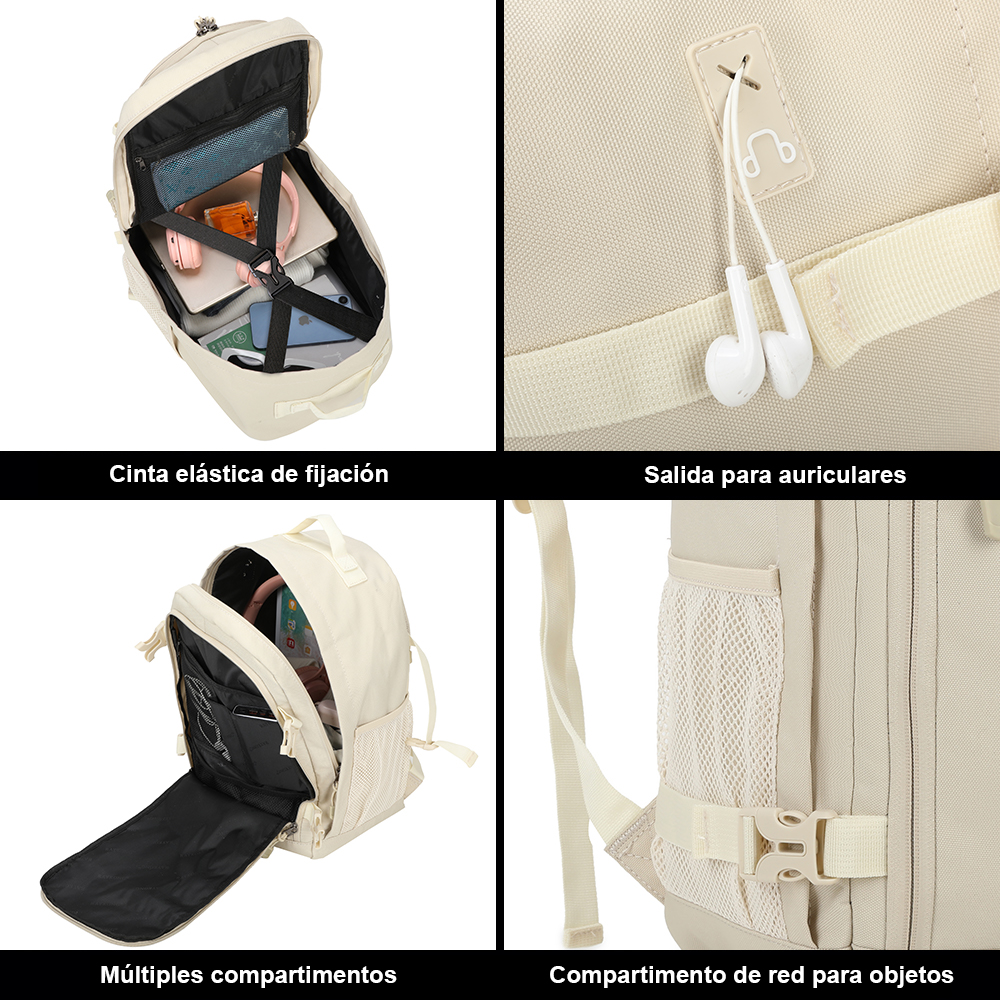 Cuatro imágenes de una mochila beige que muestran bandas elásticas, salida de auriculares, compartimentos y bolsillo de red.