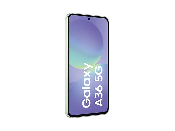 Uno smartphone bianco Samsung Galaxy A36 5G che mostra uno sfondo astratto e il testo 'Galaxy A36 5G'.