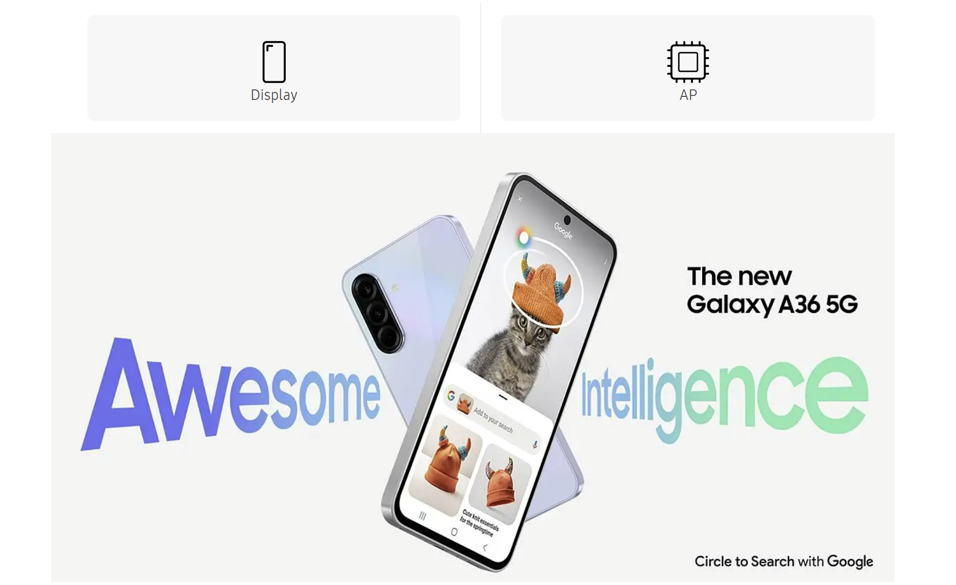 Pubblicità del Galaxy A36 5G con funzioni AI, due smartphone e l'immagine di un gattino.