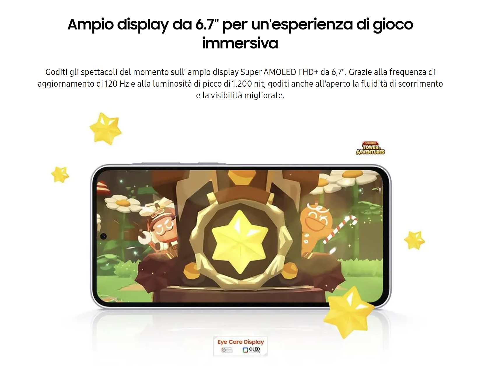 Pubblicità di uno smartphone con display da 6,7 pollici e grafica di gioco.
