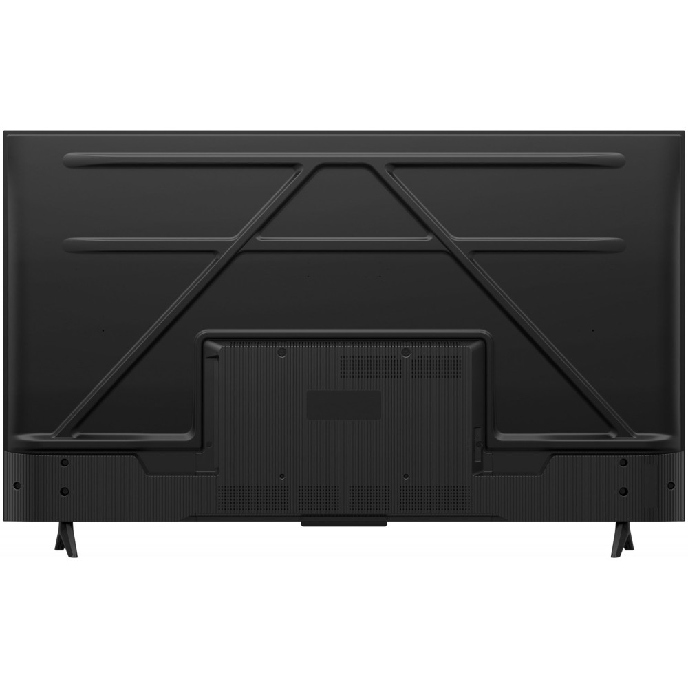 Vista trasera de un televisor negro moderno sobre pequeños soportes, con carcasa texturizada y costillas de refuerzo.