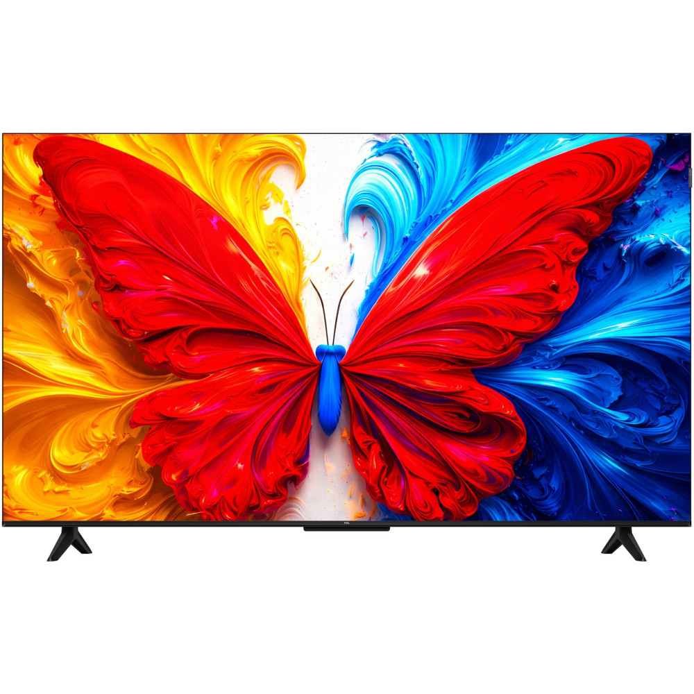 Un televisor muestra una imagen colorida de una mariposa roja sobre fondos abstractos amarillos y azules.