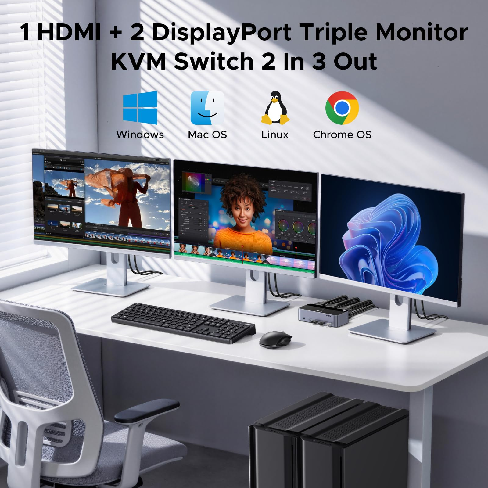 Uno switch KVM collega tre monitor con tastiera e mouse su una scrivania bianca.