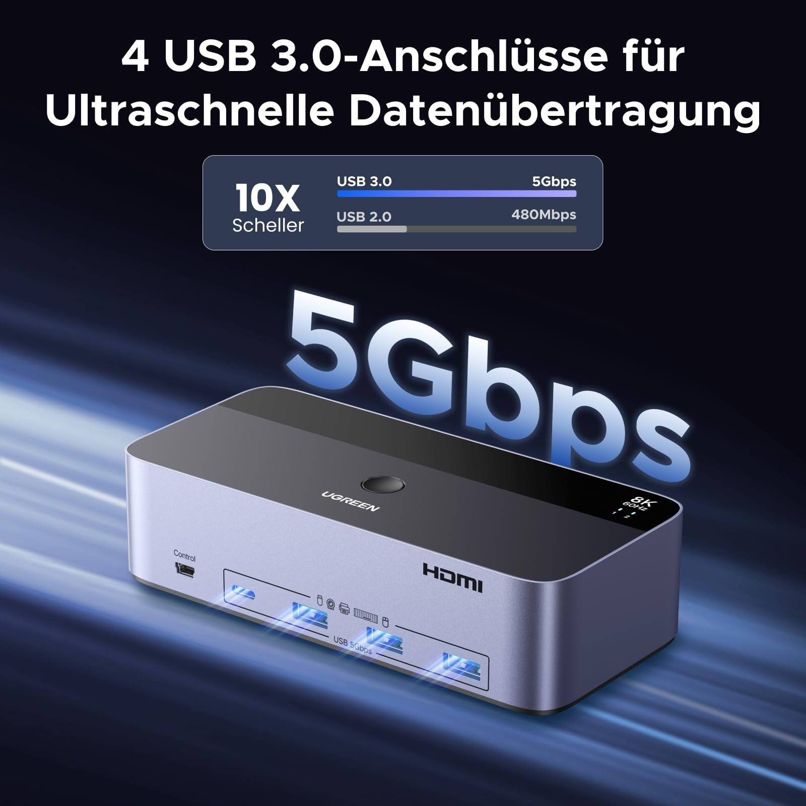 Hub USB-C Ugreen con 4 porte USB 3.0 e velocità di 5Gbps.