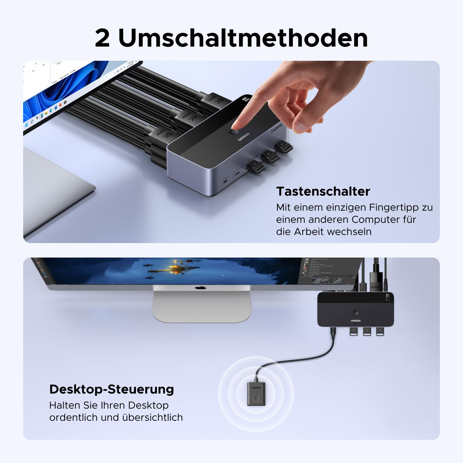 Due metodi di commutazione per uno switch HDMI UGreen con controllo touch e da desktop.
