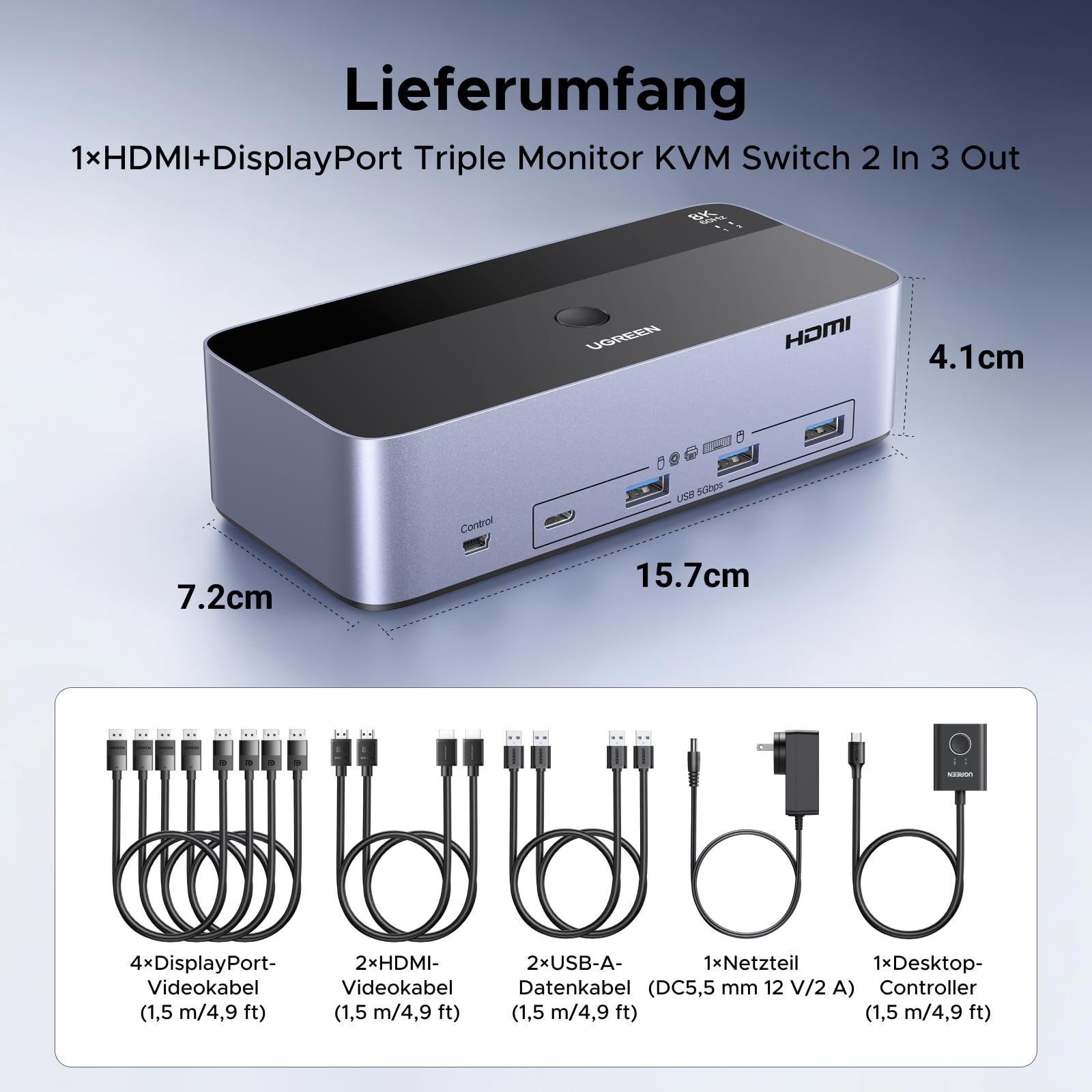 Uno switch KVM UGREEN con le sue dimensioni e cavi inclusi in basso.