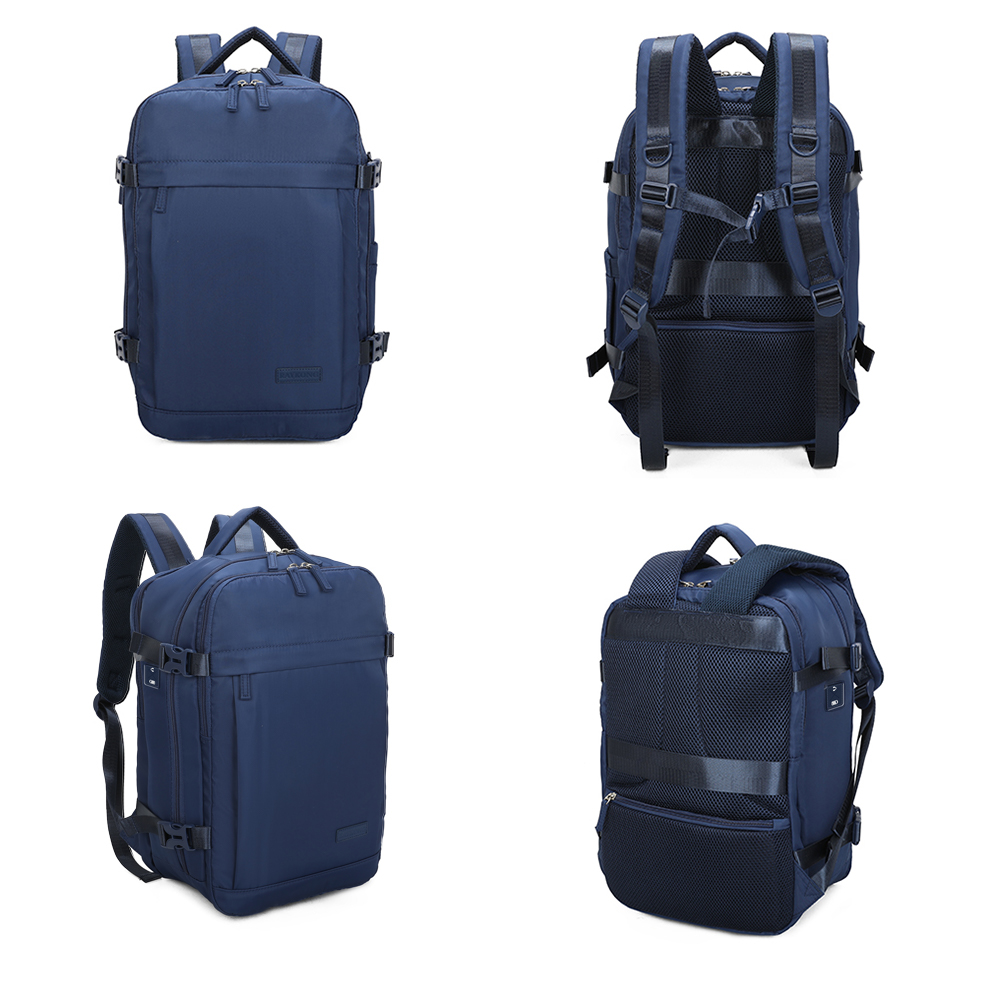 Cuatro vistas de una mochila azul con correas acolchadas y hebillas laterales en un fondo blanco.