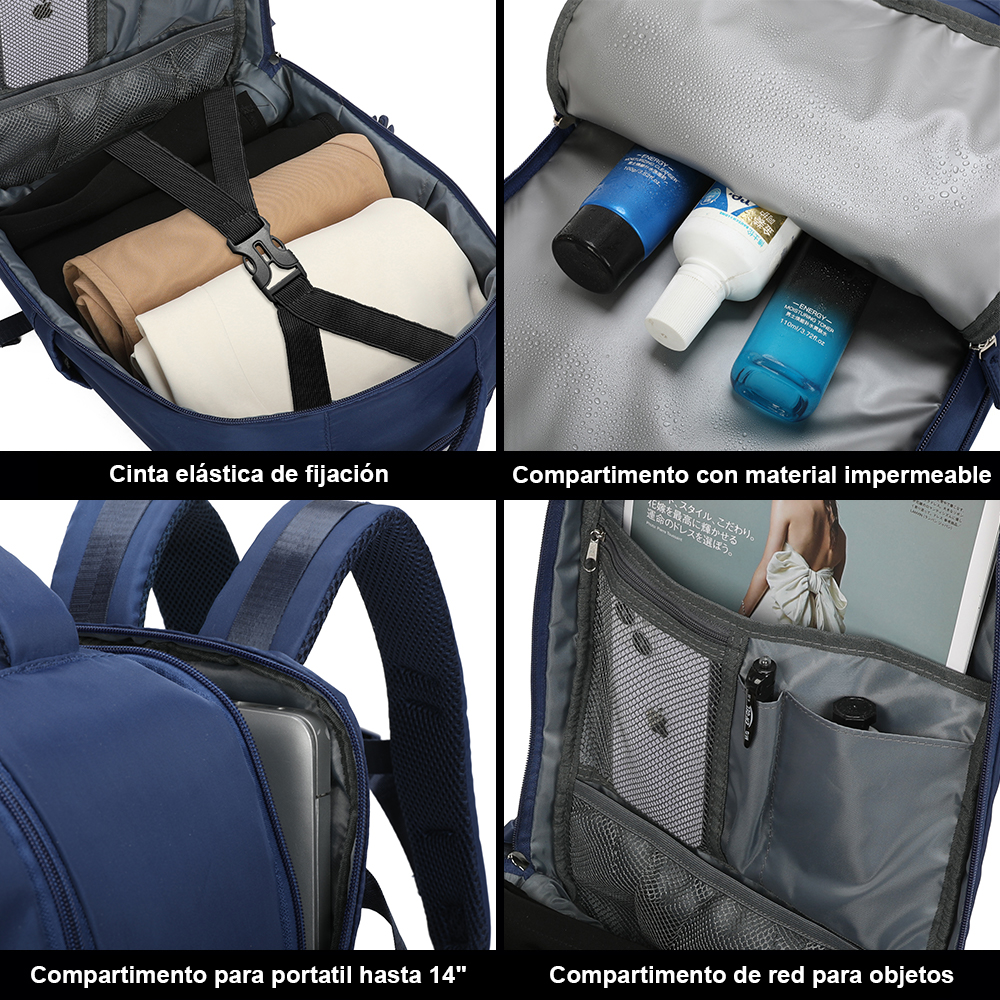 Cuatro imágenes muestran detalles de la mochila: cinta para ropa, compartimento impermeable, funda para portátil y bolsillos de red.