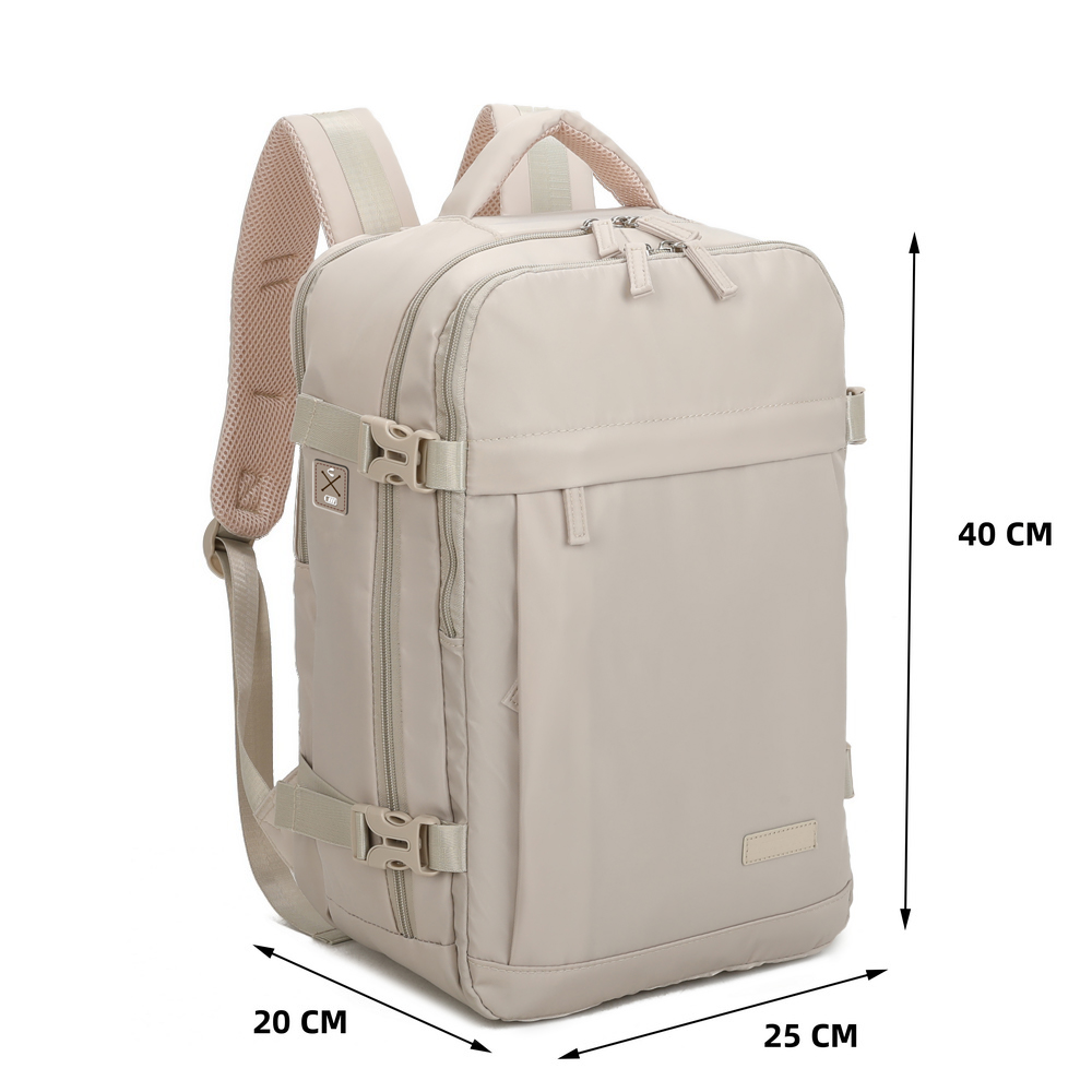 Mochila beis con dimensiones de 40x25x20 cm sobre un fondo blanco.
