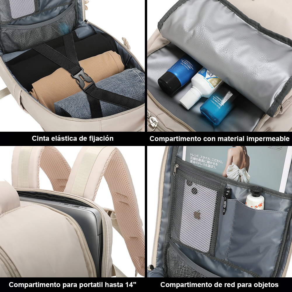 Cuatro imágenes muestran detalles de la mochila: correa de ropa, compartimento impermeable y bolsillos de red.