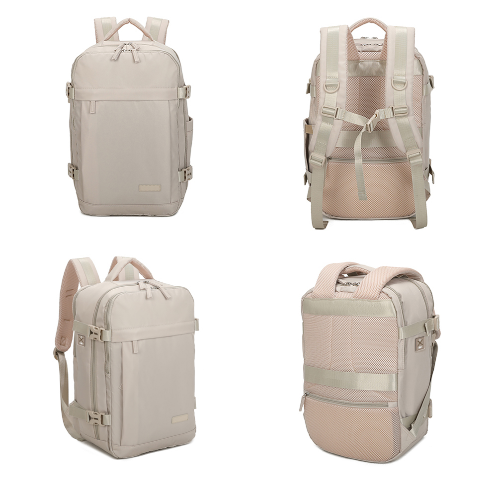 Cuatro vistas de una mochila de viaje beige que muestran el frente, la espalda, el ángulo lateral y el panel de malla.